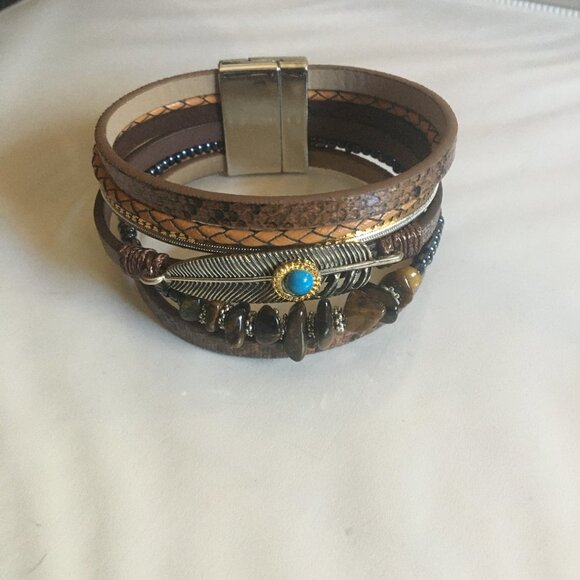 Bohemian Turquoise Silver Leaf Snakeskin Bead Multilayer Wrap Bracelet - Picture 3 of 7